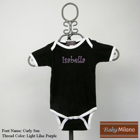 Personalized Black and White Trim Baby Bodysuit with Name by Baby Milano