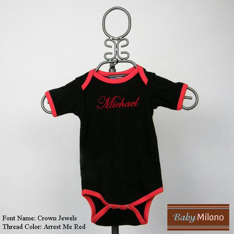 Personalized Black and Red Trim Baby Bodysuit with Name by Baby Milano