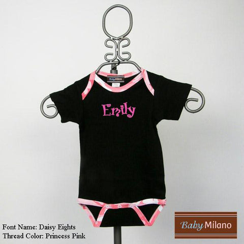 Personalized Black and Pink Camo Trim Baby Bodysuit with Name by Baby Milano