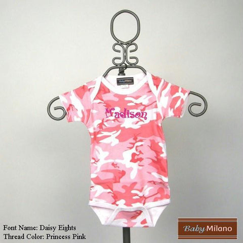 Personalized Pink Camo Baby Bodysuit with Name by Baby Milano