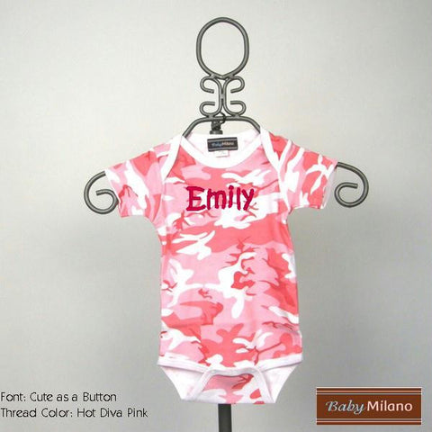 Personalized Pink Camo Long Sleeve Baby Bodysuit with Name by Baby Milano