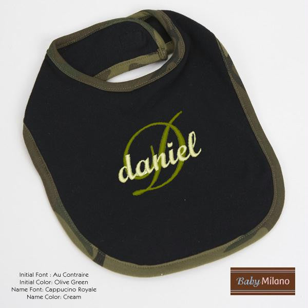 Personalized Black and Green Camo Trim Baby Bib with Name and Initial by Baby Milano