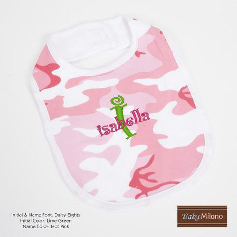 Personalized Pink Camo Baby Bib with Name and Initial by Baby Milano