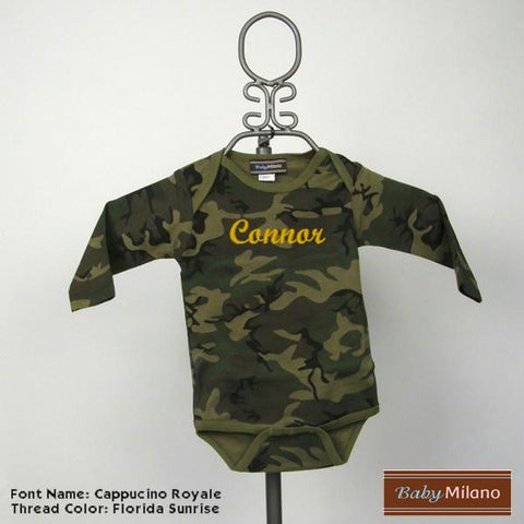 Personalized Camouflage Long Sleeve Baby Bodysuit with Name by Baby Milano