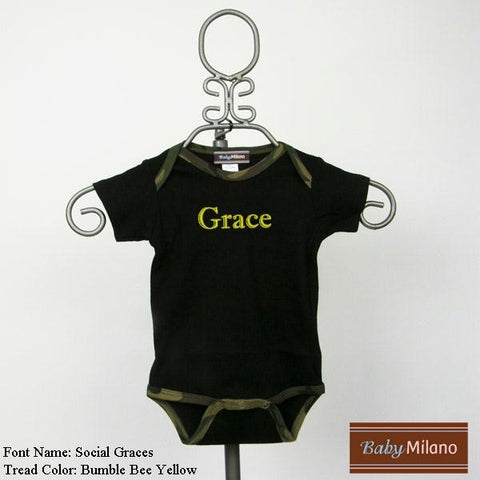 Personalized Black and Green Camo Trim Baby Bodysuit with Name by Baby Milano