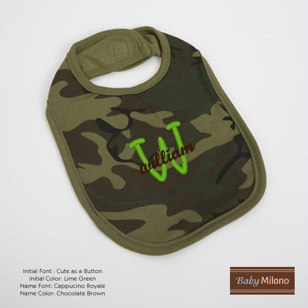 Personalized Green Camo Baby Bib with Name and Initial by Baby Milano