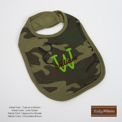 Personalized Green Camo Baby Bib with Name and Initial by Baby Milano