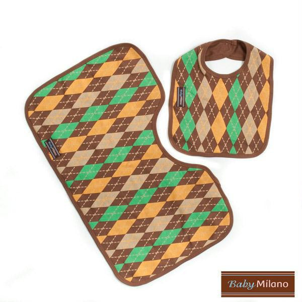 Argyle Gift Set - Brown Bib & Burp Cloth